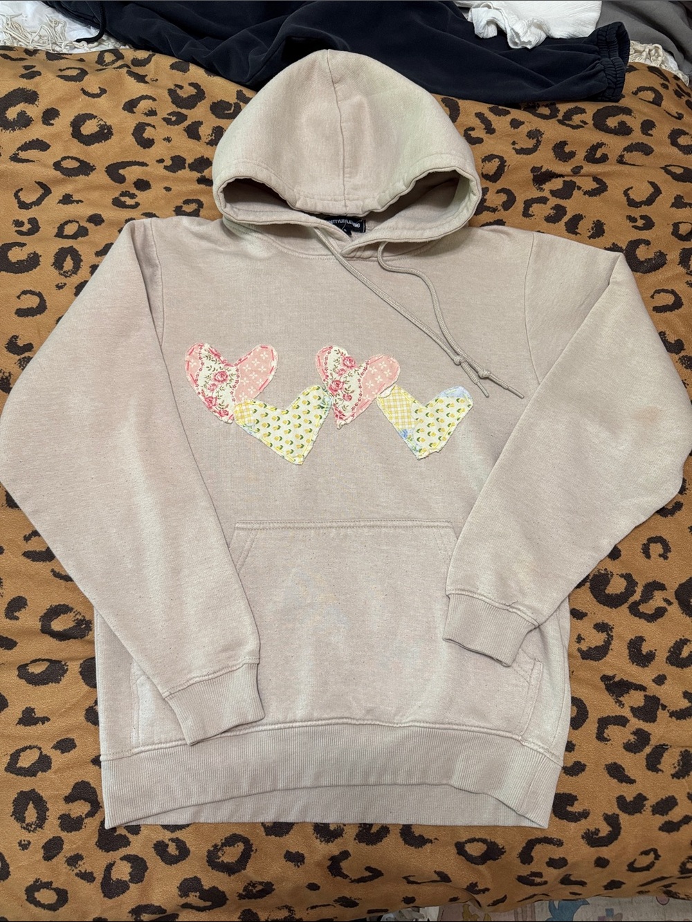PrettyLittleThing Beige Hoodie with Pink & Yellow Heart Patches